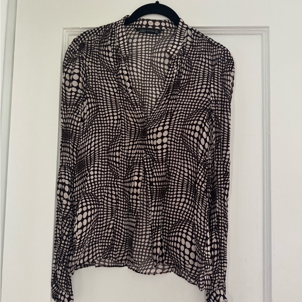 Zara Brown and White Chiffon Blouse